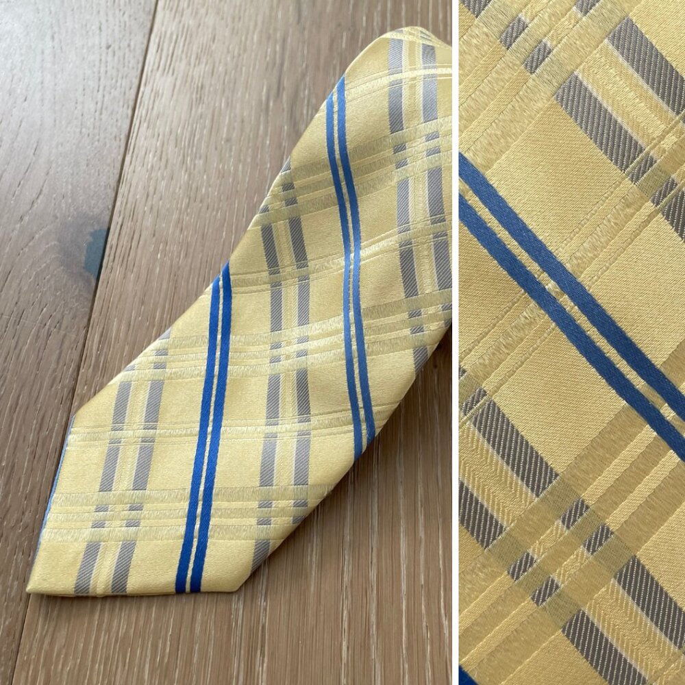 Michael Kors Tie Men Necktie Regular 100% Silk Yellow Blue Plaid Gray